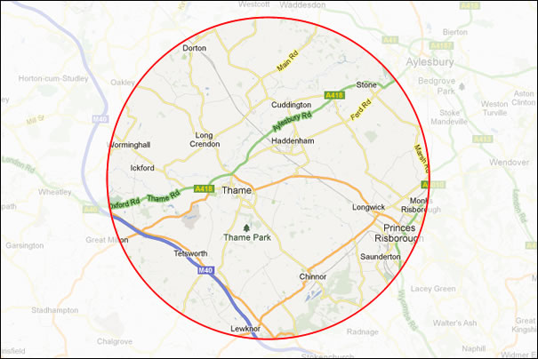 Driving lessons map area including Thame, chinnor and Princes Risborough